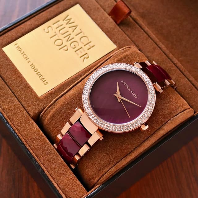 MICHAEL KORS PARKER MAROON DIAL TWO TONE STEEL STRAP WATCH FOR WOMEN