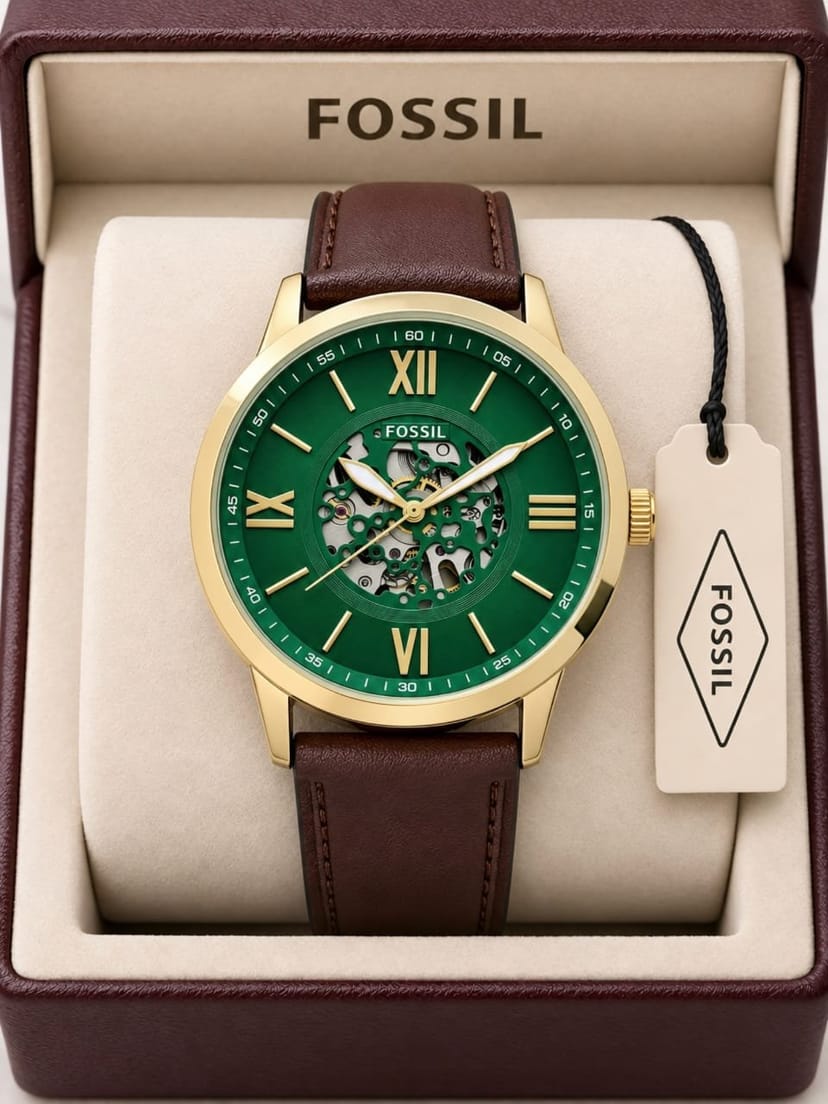 Flynn Three-Hand Brown Leather Watch with Green Dial